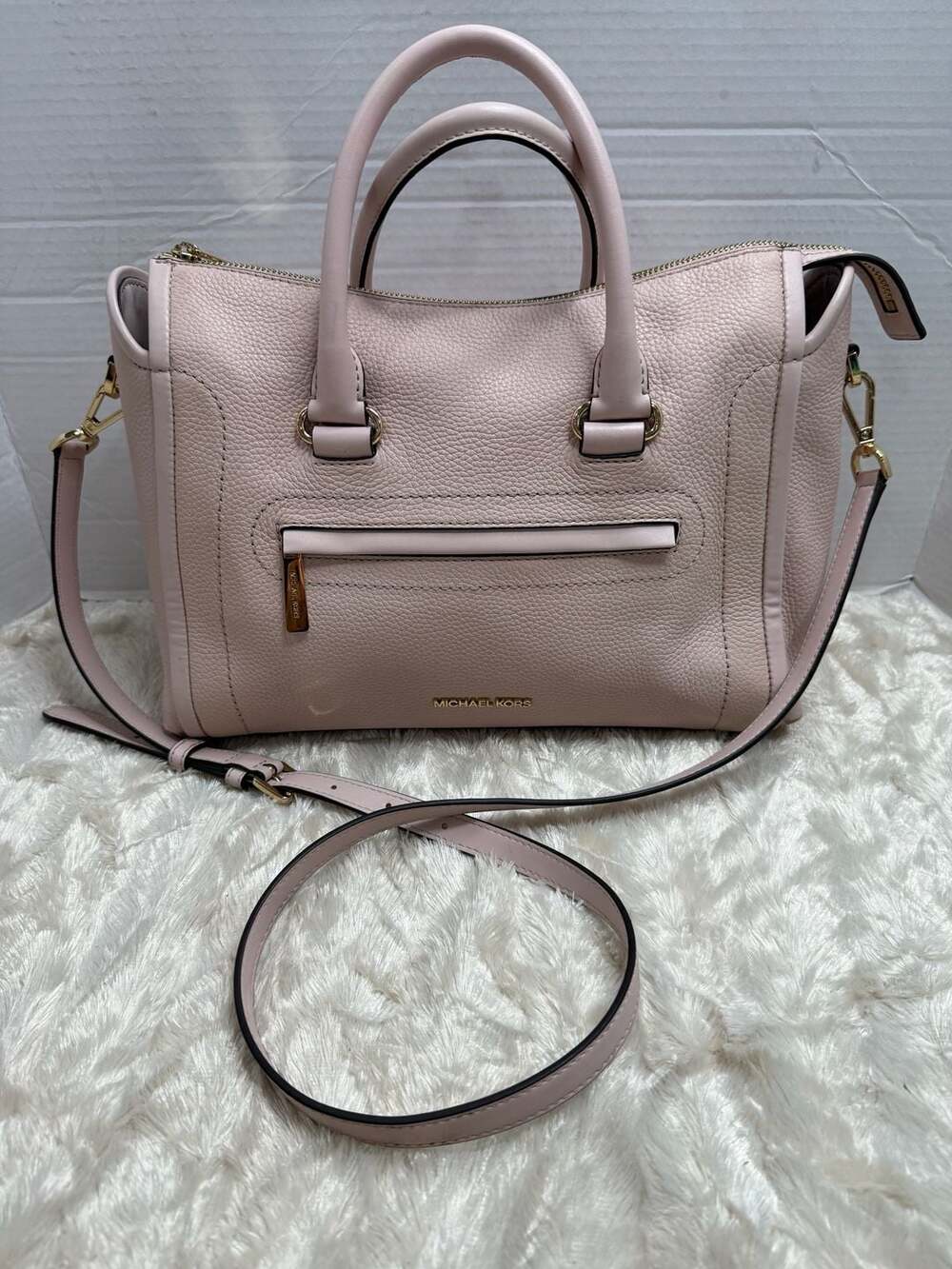 Michael Kors Carine Medium Pebbled Leather Satchel in Soft Pink
